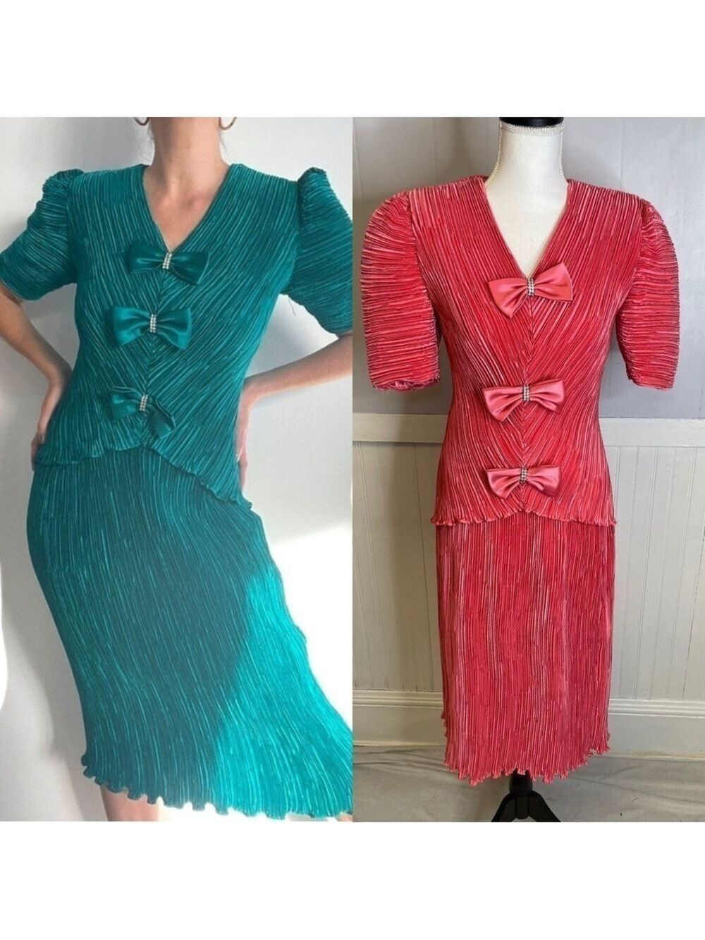 Karen Lawrence Vintage Skirt Set Womens Midi Embellished Bow Event Green 80's 16
